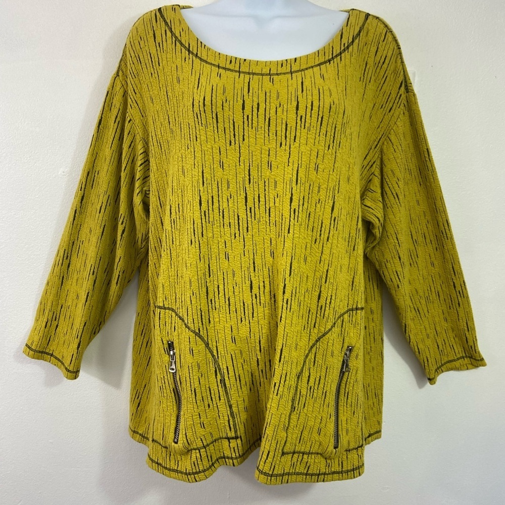Ali Miles Womens Tunic Top XL Green Yellow Striped Artsy Lagenlook Textured